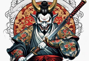Full body Hannya  holding an ancient katana tattoo idea