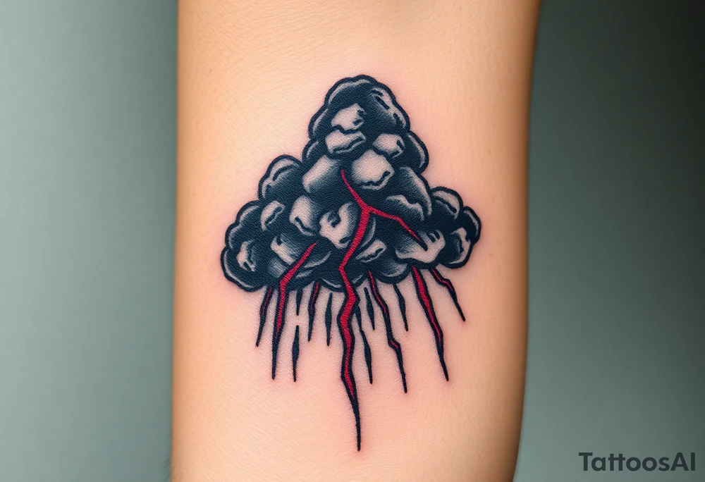 Dark, black menacing storm clouds with creepy red bolts of lightning & heavy rain coming down tattoo idea
