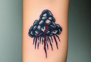 Dark, black menacing storm clouds with creepy red bolts of lightning & heavy rain coming down tattoo idea