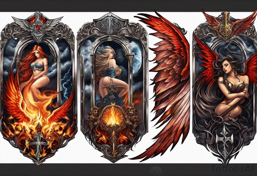 Chest tattoo design split down the middle with a beautiful girl as the centre piece. Angel/heaven side on the left with a staircase going up. Devil/hell side on the right with a staircase going down. Clouds on the angel side. Flames on the hell side. One angel wing & one devil wing as background features. tattoo idea