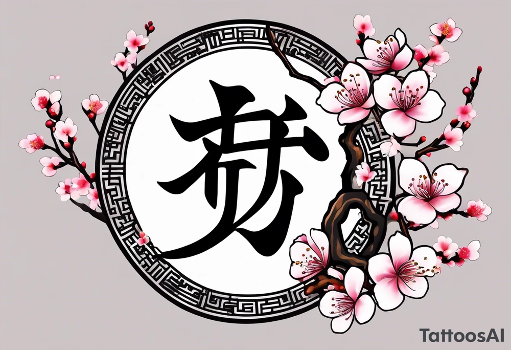 Kanji letter for shadow inside half circle with cherry blossoms tattoo idea