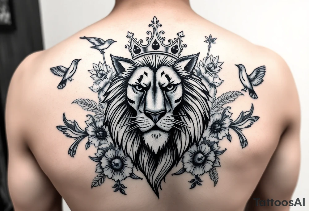 powerful majestic lion with a crown, surrounded by floral ornaments and birds tattoo idea