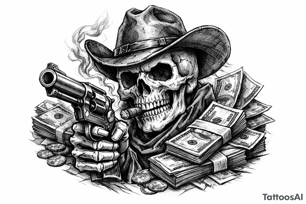 skull with cowboy-hat,cigar in his mouth and a gun in a hand surounded by money. tattoo idea