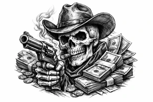 skull with cowboy-hat,cigar in his mouth and a gun in a hand surounded by money. tattoo idea