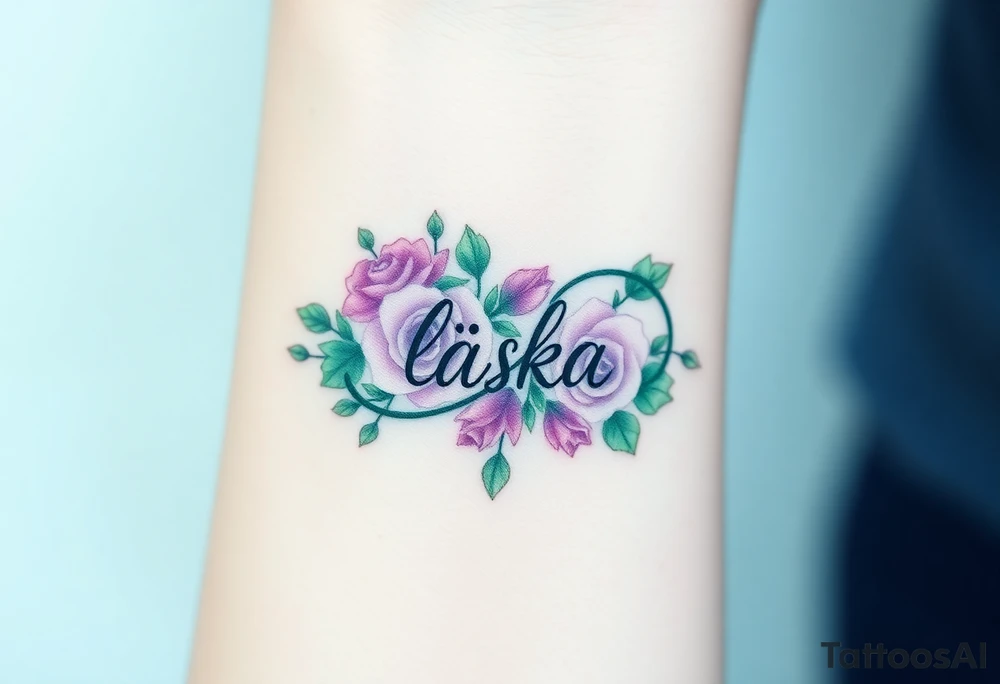 A floral infinity symbol in soft lavender and green, with word "láska" seamlessly entwined between delicate blooming roses tattoo idea