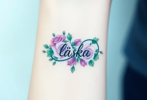 A floral infinity symbol in soft lavender and green, with word "láska" seamlessly entwined between delicate blooming roses tattoo idea