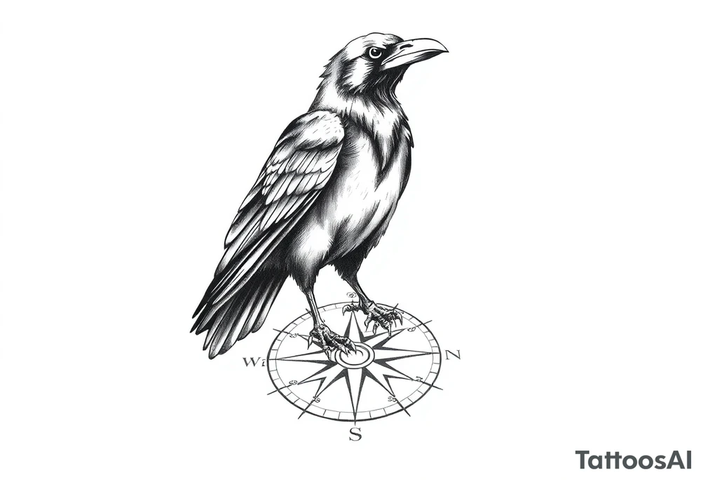a raven stands on a compass. tattoo idea