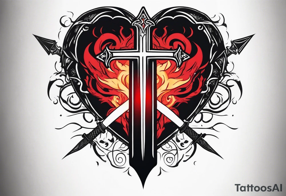 Heart with a sword running throught it and a cross and red flames coming out the top tattoo idea