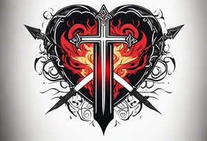Heart with a sword running throught it and a cross and red flames coming out the top tattoo idea