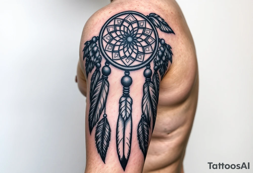 native dreamcatcher with flowing feathers and sacred beads tattoo idea