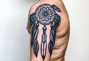 native dreamcatcher with flowing feathers and sacred beads tattoo idea