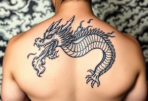 fierce dragon breathing iridescent fire against stormy skies tattoo idea