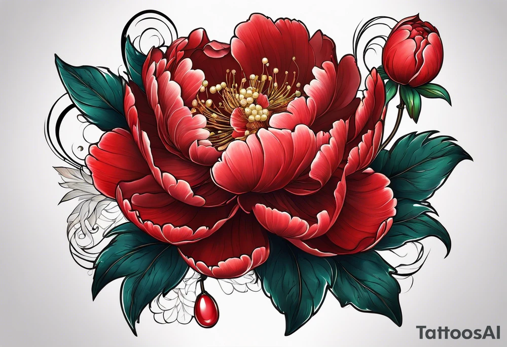 Red peony with hanging pearls and rabbit tattoo idea