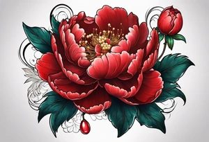 Red peony with hanging pearls and rabbit tattoo idea