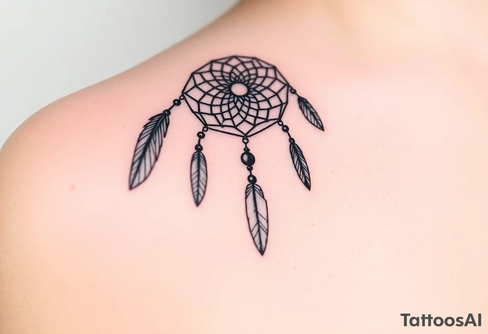 native dreamcatcher with flowing feathers and sacred beads with name Genia in it tattoo idea