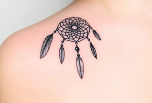 native dreamcatcher with flowing feathers and sacred beads with name Genia in it tattoo idea