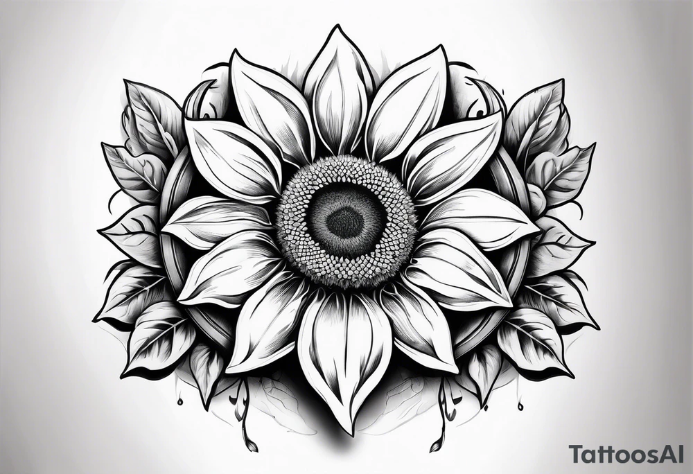 A steel horseshoe with a sunflower in the center tattoo idea