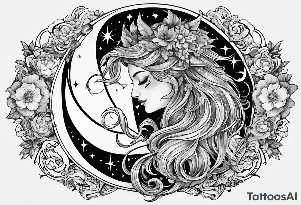 A tattoo design inspired by folklore tales, incorporating mystical creatures and celestial objects such as moons and stars, reflecting the client's love for folklore and celestial objects. tattoo idea