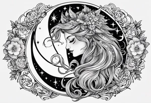 A tattoo design inspired by folklore tales, incorporating mystical creatures and celestial objects such as moons and stars, reflecting the client's love for folklore and celestial objects. tattoo idea