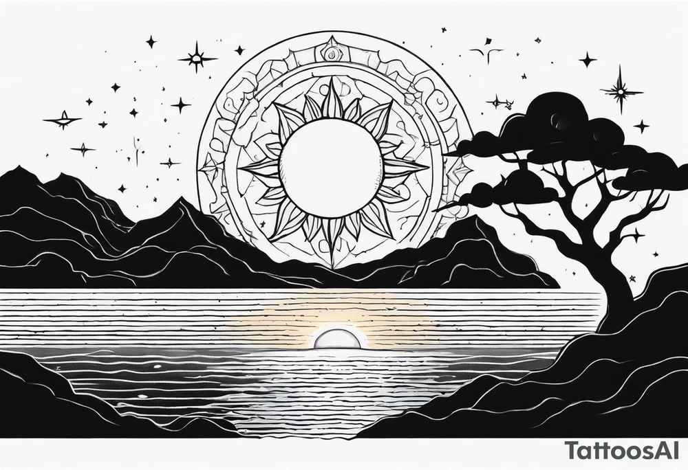 SUN(ITACHI EYE AS SUN) OVER LOOKING THE OCEAN WITH THE ORION CONSTELLATION IN THE SKY IN 9:16 tattoo idea