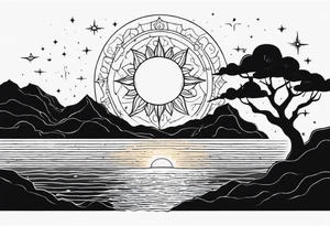 SUN(ITACHI EYE AS SUN) OVER LOOKING THE OCEAN WITH THE ORION CONSTELLATION IN THE SKY IN 9:16 tattoo idea