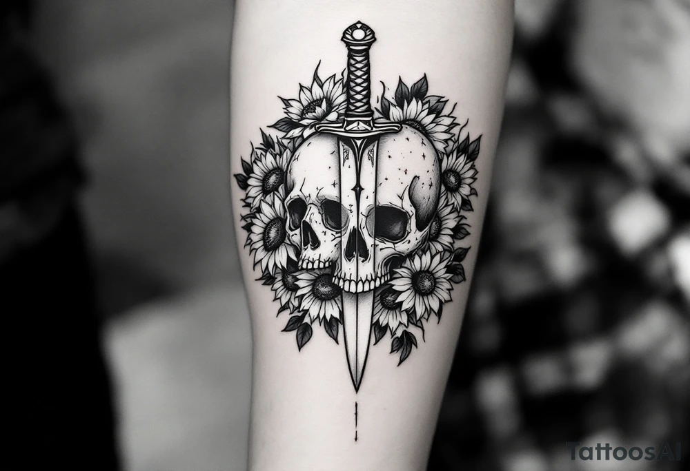 Skull, heart piercing a dagger with roses and sunflowers tattoo idea