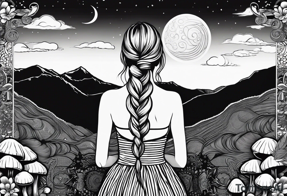 Straight blonde hair girl facing away toward mountains surrounded by mushrooms crescent moon mandala circular design black and white striped dress "8" braided into hair tattoo idea