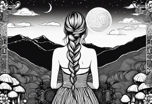 Straight blonde hair girl facing away toward mountains surrounded by mushrooms crescent moon mandala circular design black and white striped dress "8" braided into hair tattoo idea