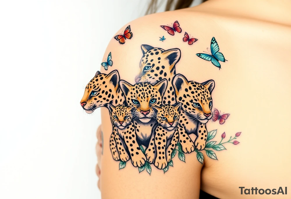 3 jaguars (a mother and 2 cubs) surrounded by butterflies and hummingbirds in new old school style tattoo idea