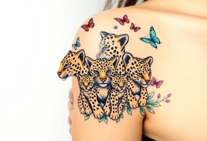 3 jaguars (a mother and 2 cubs) surrounded by butterflies and hummingbirds in new old school style tattoo idea