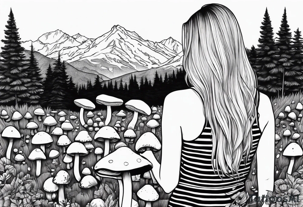 Straight long blonde hair girl in distance holding mushrooms in hand facing away toward mountains surrounded by mushrooms black and white striped dress tattoo idea