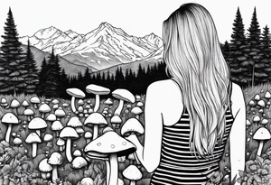 Straight long blonde hair girl in distance holding mushrooms in hand facing away toward mountains surrounded by mushrooms black and white striped dress tattoo idea