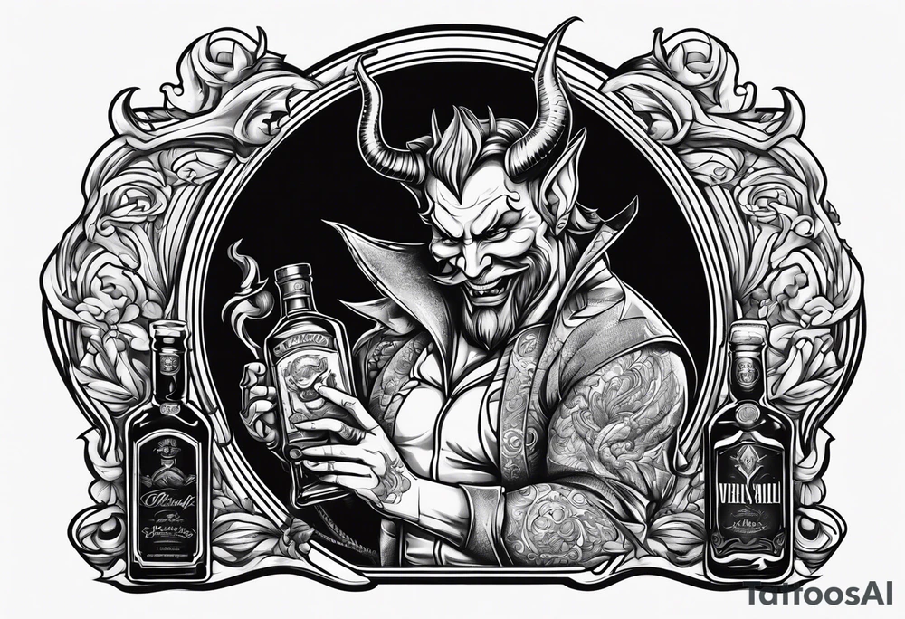 Devil holding whiskey bottle tattoo idea