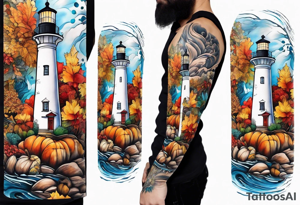 Arm sleeve with fall colors, various flowers, water flow, water splash, light house tattoo idea