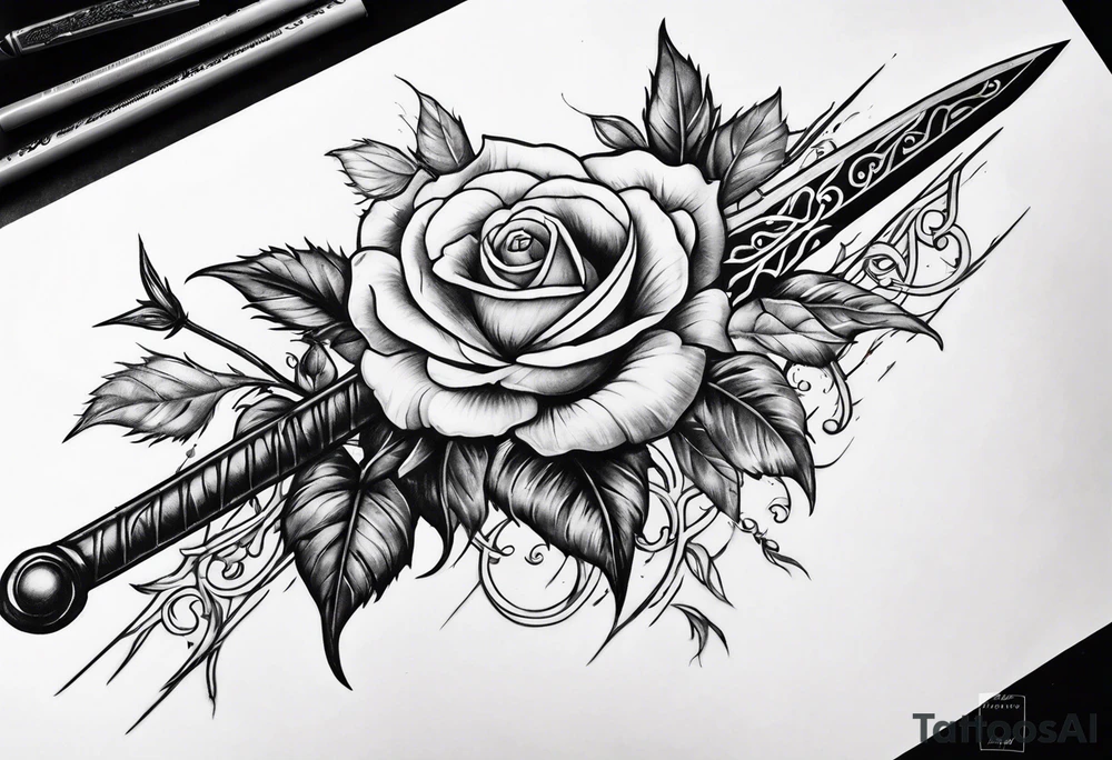 sword with roses and thorns tattoo idea