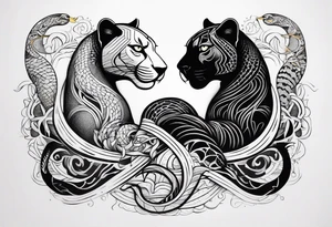 A snake and a panther wrap around the word "vitality" tattoo idea