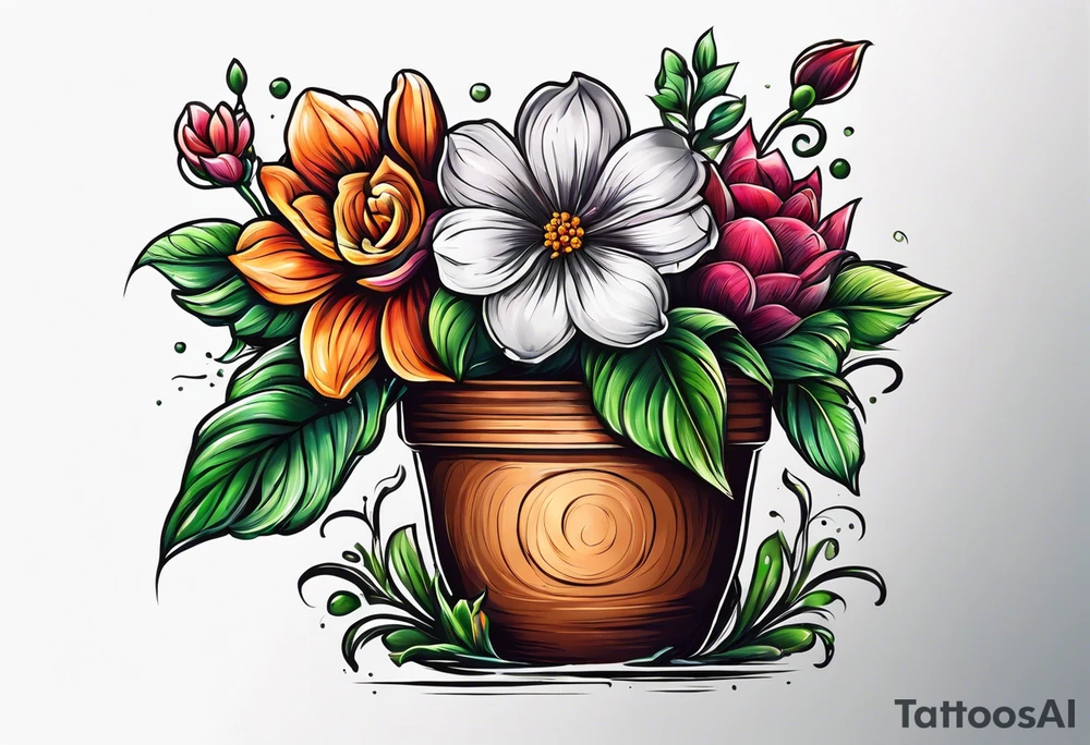 a small flowerpot with a flower that is getting ready to bloom tattoo idea
