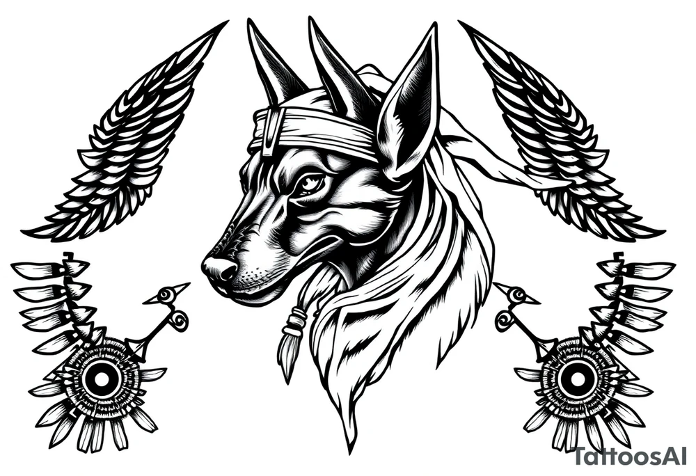 Egyptian Anubis god face muscle in Egypt style  with scarf on head

dog face surrounded Egyptian symbols based on elements tattoo idea