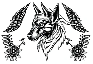 Egyptian Anubis god face muscle in Egypt style  with scarf on head

dog face surrounded Egyptian symbols based on elements tattoo idea