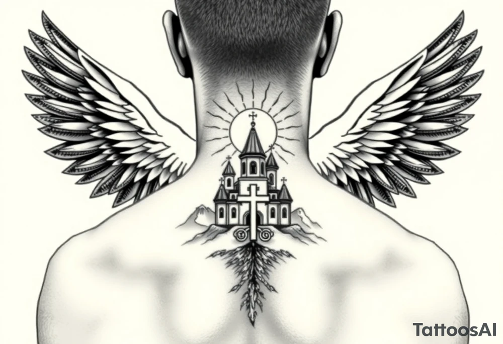 russian coat of arms with both heads visible & wings spanning out on my back neck across on to my shoulders with an orthodox christian church being visible in a mountainous sun beaming setting, with the russian orthodox cross spire of the orthodox church being visible on my neck with a sun beaming in the background that the cross sits inside tattoo idea