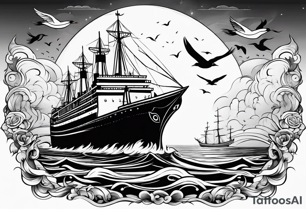 huge ship in the sea with sun on the sky and birds
without many details tattoo idea