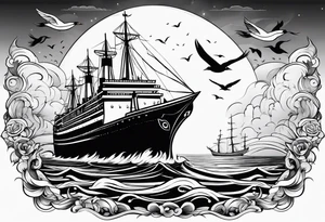huge ship in the sea with sun on the sky and birds
without many details tattoo idea