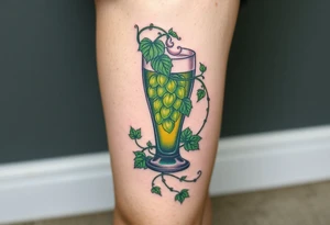 A hop vine wrapping around a pint glass, with delicate tendrils and leaves in vibrant green shades tattoo idea