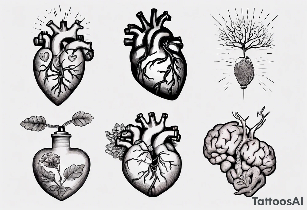 Woman's hand holding anatomical heart and an anatomical brain by a string tattoo idea