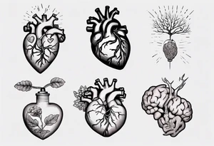 Woman's hand holding anatomical heart and an anatomical brain by a string tattoo idea