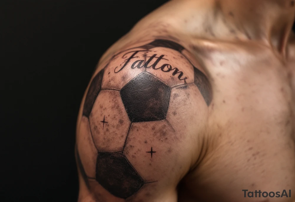 A vintage-style soccer ball shaded in sepia and brown tones with cursive lettering. tattoo idea