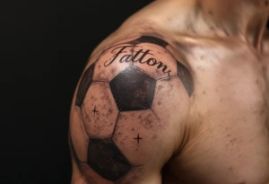 A vintage-style soccer ball shaded in sepia and brown tones with cursive lettering. tattoo idea