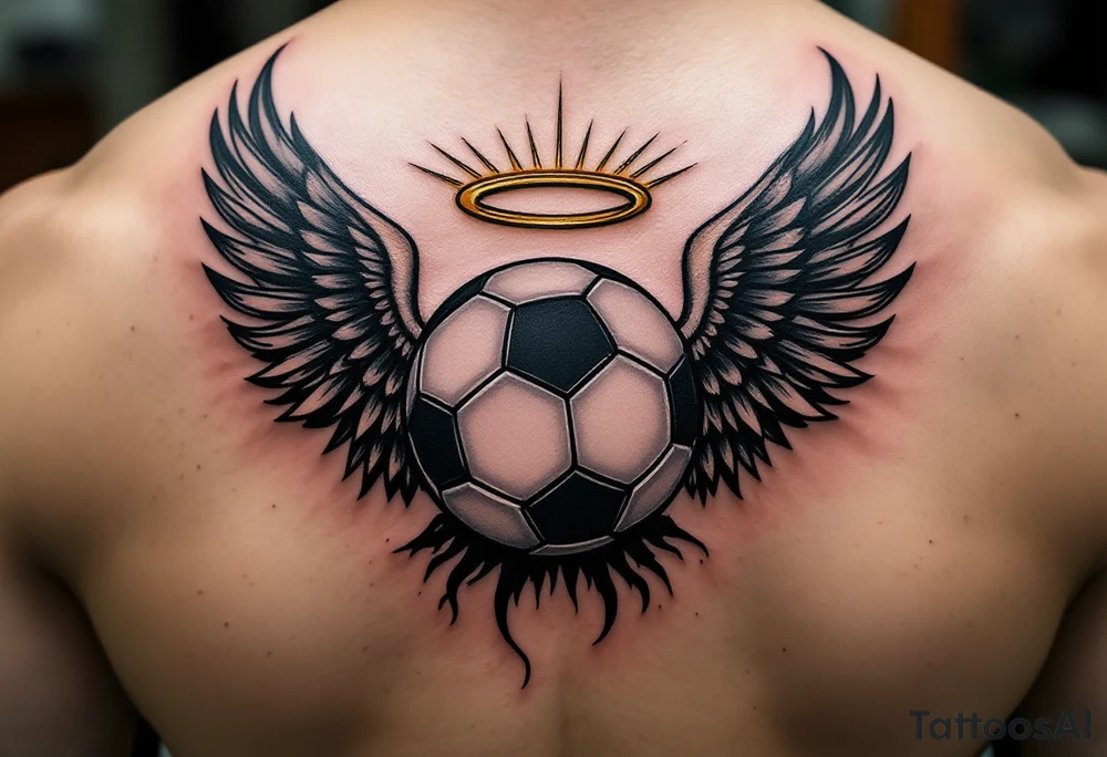 A black and gray soccer ball with angel wings and a golden halo above. tattoo idea