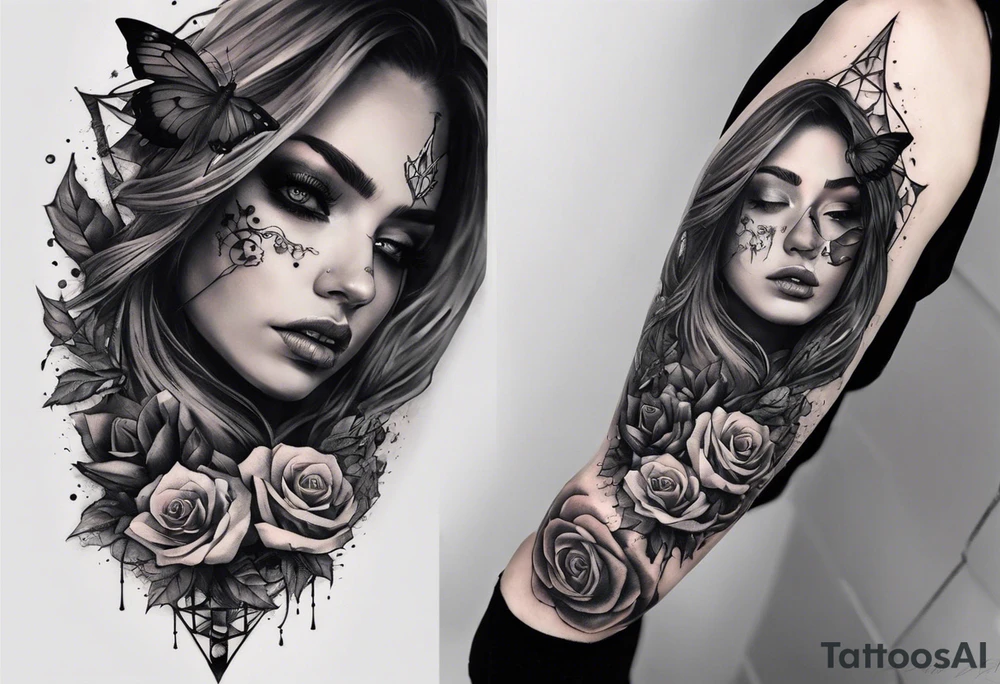 A sleeve tattoo whose elements seem to be connected into one story. Elements on the tattoo: a skull with a rose sticking out of the eye, plants, a girl’s face turning into roots, a destroyed old chain, a broken sword, a butterfly and you can add some connecting elements tattoo idea
