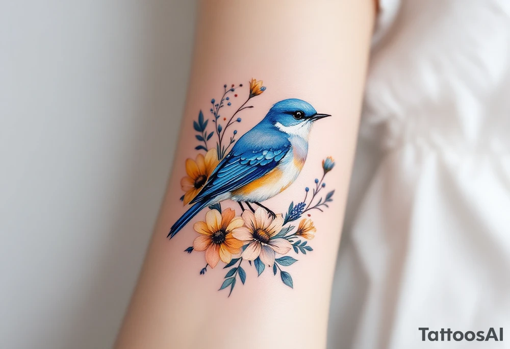 Puffy bluebird surrounded by wild flowers tattoo idea